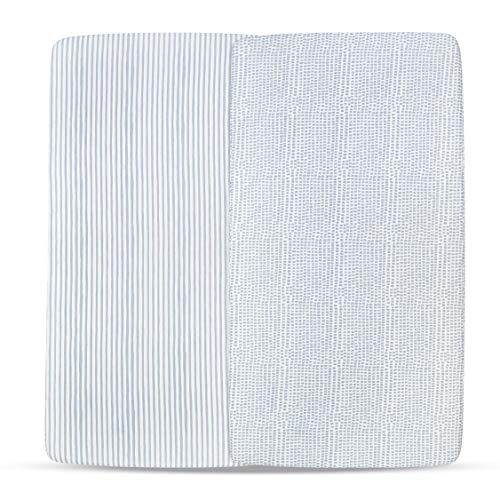 Ely’s & Co. Patent Pending Waterproof Crib│Toddler Bed Sheet 2-Pack Set for Baby Boy - 100% Cotton, Jersey Knit Cotton Sheets with Waterproof Lining — Misty Blue, Stripes and Splashes