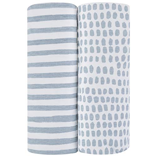 Ely’s & Co. Patent Pending Waterproof Crib│Toddler Bed Sheet 2-Pack Set for Baby Boy - 100% Cotton, Jersey Knit Cotton Sheets with Waterproof Lining — Misty Blue, Stripes and Splashes