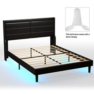 Anwickhomk Queen Size Upholstered Platform Bed with Adjustable LED Lights and Wing-Backed Headboard,Stylish PU Leather Platform Bed Frame,Strong Wooden Slats,Bed Canopy,Easy Assembly,Black