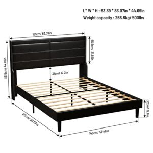 Anwickhomk Queen Size Upholstered Platform Bed with Adjustable LED Lights and Wing-Backed Headboard,Stylish PU Leather Platform Bed Frame,Strong Wooden Slats,Bed Canopy,Easy Assembly,Black