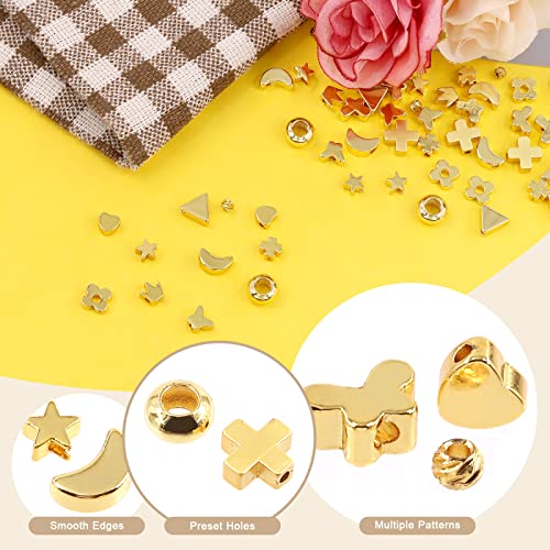 Wokape 60Pcs 12 Styles 18K Gold Plated Small Metal Beads Mixed Spacer Beads, Including Assorted Shapes, Butterfly Heart Star Flower Moon Crown Clover Triangular Beads for DIY Jewelry Making