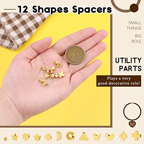 Wokape 60Pcs 12 Styles 18K Gold Plated Small Metal Beads Mixed Spacer Beads, Including Assorted Shapes, Butterfly Heart Star Flower Moon Crown Clover Triangular Beads for DIY Jewelry Making