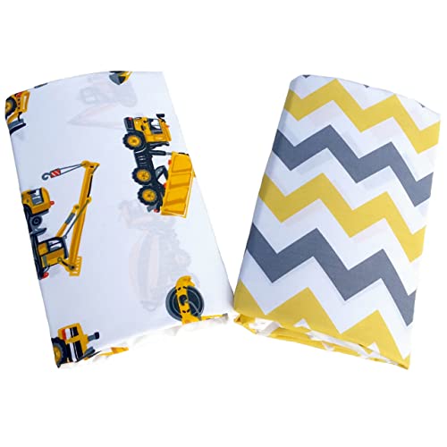 Handywa - 100% Cotton 2 Pack Fitted Crib Sheet Set for Baby and Toddler Bed Mattresses - Yellow Gray Construction Trucks and Chevron for Boy Nursery