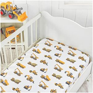 Handywa - 100% Cotton 2 Pack Fitted Crib Sheet Set for Baby and Toddler Bed Mattresses - Yellow Gray Construction Trucks and Chevron for Boy Nursery