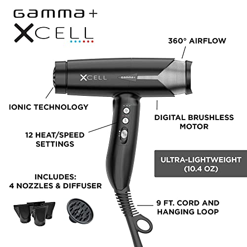 GAMMA+ XCell Professional Ultra-Lightweight Hair Dryer Digital Motor Ionic Technology Whisper Quiet 12 Heat/Speeds, Matte Black