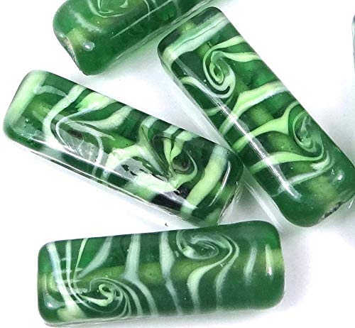 Beads Craft Jewelry Making 4 Lampwork Handmade Glass Green Swirl Long Rectangle Focal Beads 33x11mm