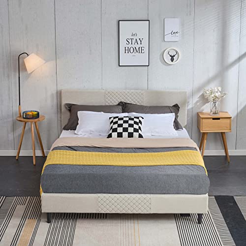 King Size Upholstered Platform Bed Frame with Tufted Headboard, Mattress Foundation for Boys Girls Teens Adults, No Box Spring Needed, Under Bed Storage (Beige, King)