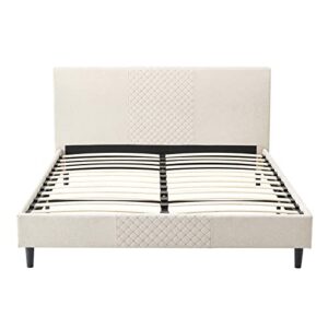 King Size Upholstered Platform Bed Frame with Tufted Headboard, Mattress Foundation for Boys Girls Teens Adults, No Box Spring Needed, Under Bed Storage (Beige, King)