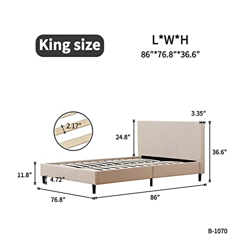 King Size Upholstered Platform Bed Frame with Tufted Headboard, Mattress Foundation for Boys Girls Teens Adults, No Box Spring Needed, Under Bed Storage (Beige, King)