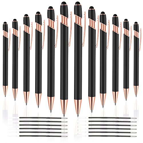 12 PCS 2 in 1 Stylus Ballpoint Pen with Stylus Tip, 1.0 mm Black Ink Metal Pen Stylus Pen for Touch Screens,12 Pens and 12 Refills (Rose Gold & Black)