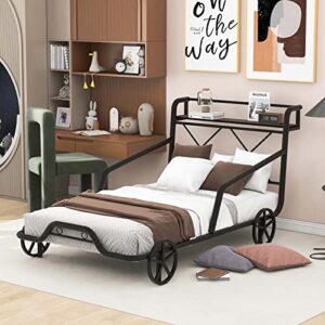 twin size metal platform bed frame with 4 wheels and storage shelf, car-shaped metal bed with for kids teens boys girls, no box spring needed, under bed storage (black)