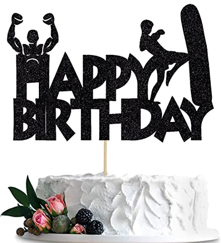 BIABISD Boxing Cake Toppers, Boxing Themed Cake Toppers, Boxing Happy Birthday Party Supplies Shiny Black Decorations