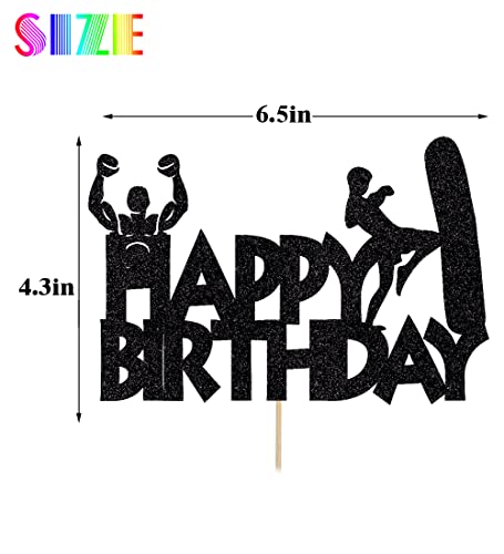 BIABISD Boxing Cake Toppers, Boxing Themed Cake Toppers, Boxing Happy Birthday Party Supplies Shiny Black Decorations