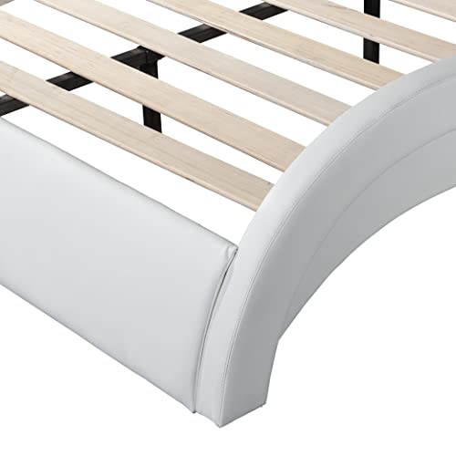 CEMKAR Modern upholstered Platform Bed Frame with LED Lighting, Bluetooth Playback and backrest Vibration Massage, Faux Leather Wavy Platform Bed Frame with Wooden Slat Support White+Black