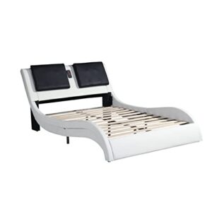 CEMKAR Modern upholstered Platform Bed Frame with LED Lighting, Bluetooth Playback and backrest Vibration Massage, Faux Leather Wavy Platform Bed Frame with Wooden Slat Support White+Black