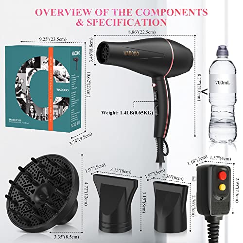 WADODO Ionic Hair Dryer, 2200W Professional Blow Dryer Fast Drying Travel Hair Dryer with Diffuser, AC Motor Constant Temperature Low Noise Ion Hair Dryers Curly Hairdryer Blowdryer for Women Men