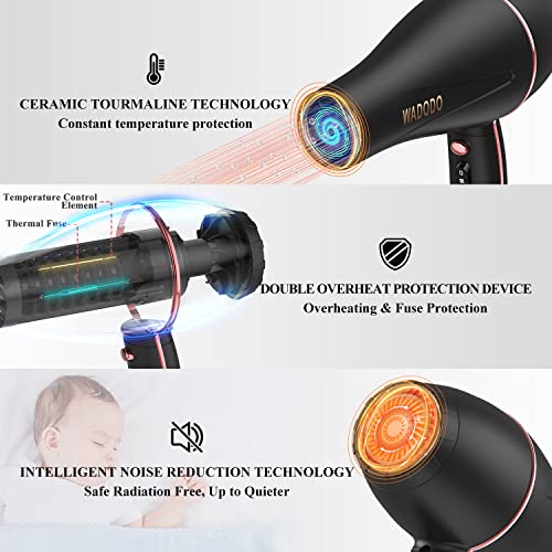 WADODO Ionic Hair Dryer, 2200W Professional Blow Dryer Fast Drying Travel Hair Dryer with Diffuser, AC Motor Constant Temperature Low Noise Ion Hair Dryers Curly Hairdryer Blowdryer for Women Men