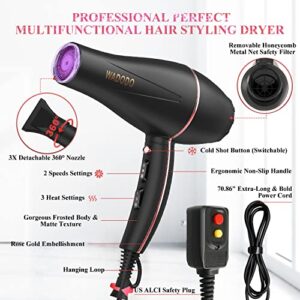 WADODO Ionic Hair Dryer, 2200W Professional Blow Dryer Fast Drying Travel Hair Dryer with Diffuser, AC Motor Constant Temperature Low Noise Ion Hair Dryers Curly Hairdryer Blowdryer for Women Men