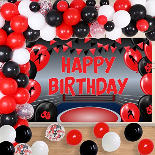 Boxing Birthday Party Decorations Boxing Match Red and Black Balloon Garland Kit Happy Birthday Backdrop Wrestling Party Decors Fight Sports with Championship Trophy Foil Balloon for Kids Men Women