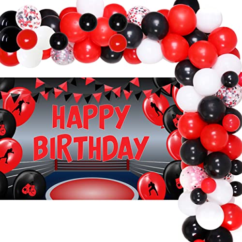 Boxing Birthday Party Decorations Boxing Match Red and Black Balloon Garland Kit Happy Birthday Backdrop Wrestling Party Decors Fight Sports with Championship Trophy Foil Balloon for Kids Men Women