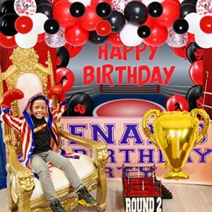 Boxing Birthday Party Decorations Boxing Match Red and Black Balloon Garland Kit Happy Birthday Backdrop Wrestling Party Decors Fight Sports with Championship Trophy Foil Balloon for Kids Men Women