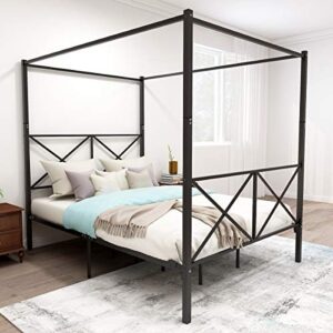 natjun metal canopy bed frame, platform bed frame queen with x shaped frame queen black