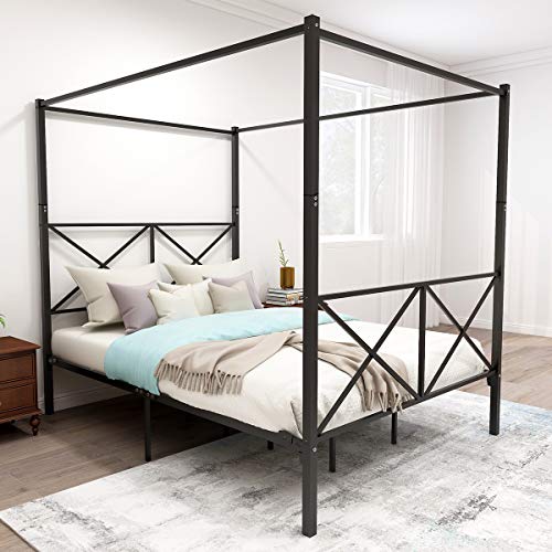 NATJUN Metal Canopy Bed Frame, Platform Bed Frame Queen with X Shaped Frame Queen Black