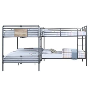 Epinki Twin/Full L Shape Bunk Bed in Sandy Black, Dark Bronze Hand-Brushed, Metal, Bed Frame, Easy Assembly