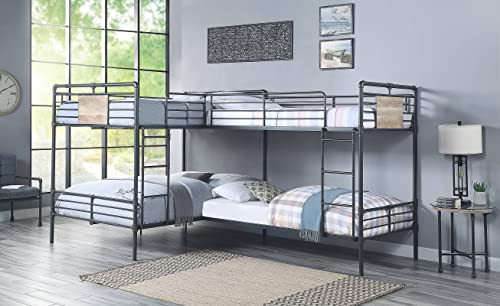 Epinki Twin/Full L Shape Bunk Bed in Sandy Black, Dark Bronze Hand-Brushed, Metal, Bed Frame, Easy Assembly