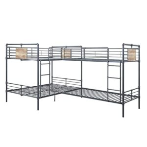 Epinki Twin/Full L Shape Bunk Bed in Sandy Black, Dark Bronze Hand-Brushed, Metal, Bed Frame, Easy Assembly