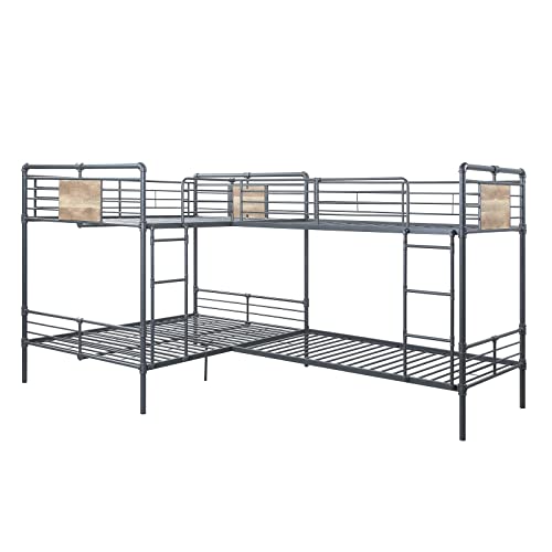 Epinki Twin/Full L Shape Bunk Bed in Sandy Black, Dark Bronze Hand-Brushed, Metal, Bed Frame, Easy Assembly