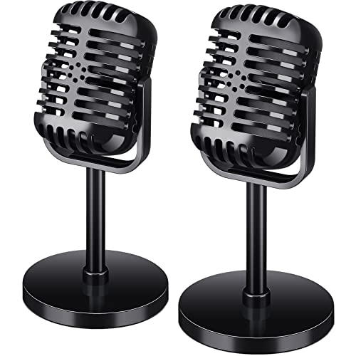 Chivao 2 Pack Retro Microphone Props Model Vintage Microphone Stage Table Decor Plastic Fake Microphone Antique Microphone Decor Stand Microphone Costume Prop for Party Toy (Black, Classic)