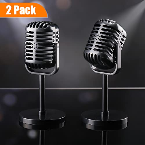 Chivao 2 Pack Retro Microphone Props Model Vintage Microphone Stage Table Decor Plastic Fake Microphone Antique Microphone Decor Stand Microphone Costume Prop for Party Toy (Black, Classic)