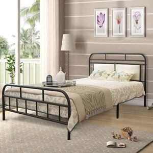 karhibly metal queen bed frame with upholstered headboard and footboard, modern metal platform bed with premium steel frame, noise-free, no box spring needed,black
