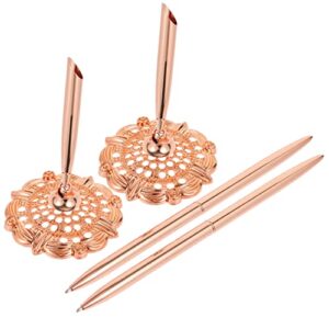 NUOBESTY Pen Stand Pen Stand Signing Pens with Hollow Round Pen Holder, 2pcs Ballpoint Writing Pen Attached to Desk for Wedding Guests Book Party Favor Office Business Guest Book Pens Rose Gold Pens