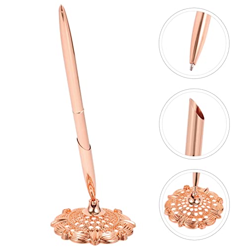 NUOBESTY Pen Stand Pen Stand Signing Pens with Hollow Round Pen Holder, 2pcs Ballpoint Writing Pen Attached to Desk for Wedding Guests Book Party Favor Office Business Guest Book Pens Rose Gold Pens