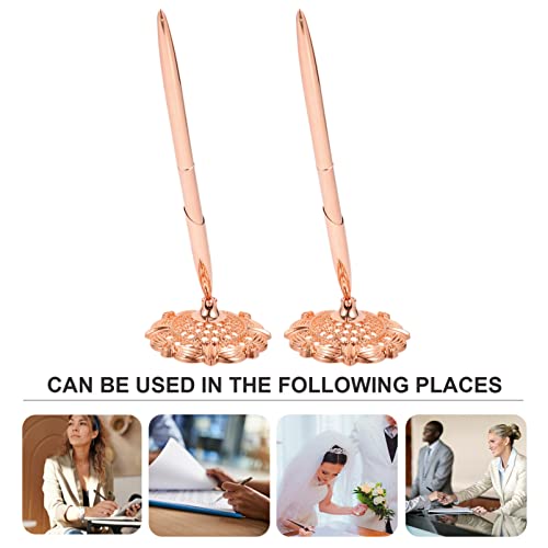 NUOBESTY Pen Stand Pen Stand Signing Pens with Hollow Round Pen Holder, 2pcs Ballpoint Writing Pen Attached to Desk for Wedding Guests Book Party Favor Office Business Guest Book Pens Rose Gold Pens