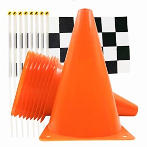 yoelvn 7inch orange racing traffic cones party decoration with racing checkered flags,11inch safety sport training plastic cones with racing flags,race car birthday party supplies,racing themed party