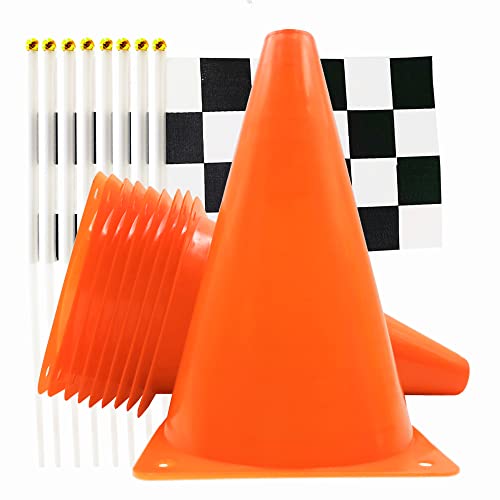 YOELVN 7inch Orange Racing Traffic Cones Party Decoration with Racing Checkered Flags,11inch Safety Sport Training Plastic Cones with Racing Flags,Race Car Birthday Party Supplies,Racing Themed Party