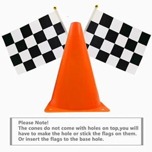 YOELVN 7inch Orange Racing Traffic Cones Party Decoration with Racing Checkered Flags,11inch Safety Sport Training Plastic Cones with Racing Flags,Race Car Birthday Party Supplies,Racing Themed Party