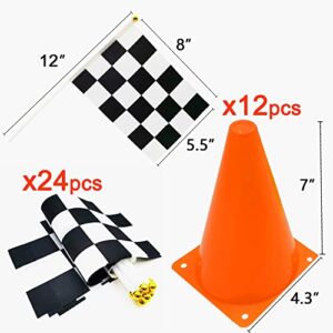 YOELVN 7inch Orange Racing Traffic Cones Party Decoration with Racing Checkered Flags,11inch Safety Sport Training Plastic Cones with Racing Flags,Race Car Birthday Party Supplies,Racing Themed Party