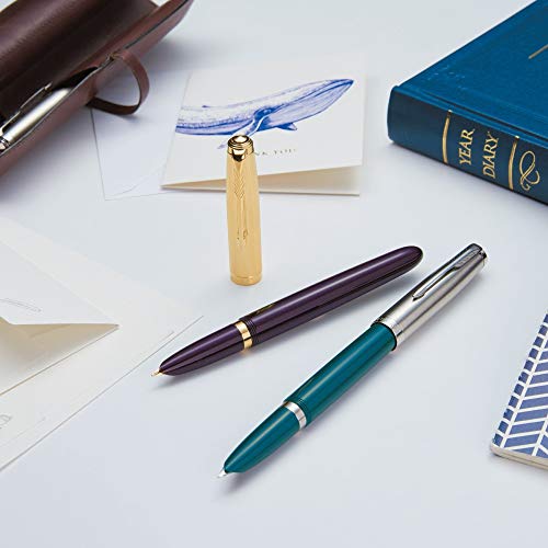 Parker 51 Ballpoint Pen | Deluxe Plum Barrel with Gold Trim | Medium 18k Gold Point with Black Ink Refill | Gift Box