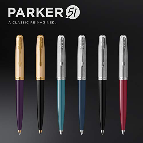 Parker 51 Ballpoint Pen | Deluxe Plum Barrel with Gold Trim | Medium 18k Gold Point with Black Ink Refill | Gift Box