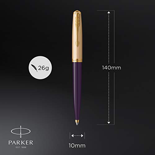 Parker 51 Ballpoint Pen | Deluxe Plum Barrel with Gold Trim | Medium 18k Gold Point with Black Ink Refill | Gift Box