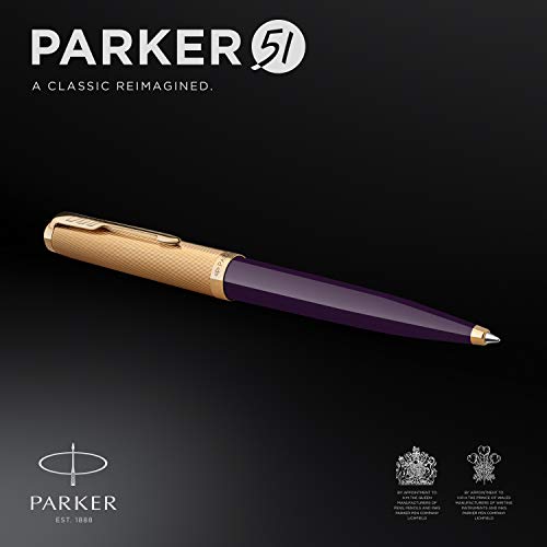 Parker 51 Ballpoint Pen | Deluxe Plum Barrel with Gold Trim | Medium 18k Gold Point with Black Ink Refill | Gift Box