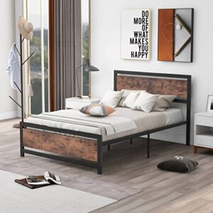 epinki metal and wood bed frame with headboard and footboard, full size platform bed, no box spring needed, easy to assembly black