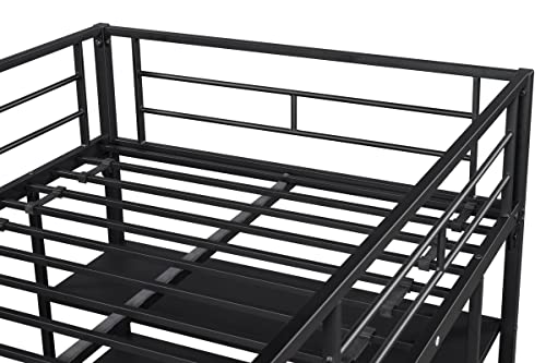 Epinki Low Loft Bed with Storage Shelves, Black, Steel, Bed Frame, Kids Bed, Easy Assembly