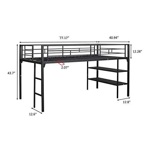 Epinki Low Loft Bed with Storage Shelves, Black, Steel, Bed Frame, Kids Bed, Easy Assembly