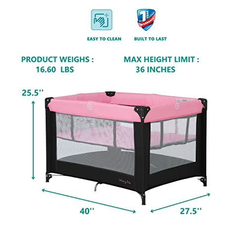 Dream On Me Zazzy Portable Playard with Bassinet in Pink, Packable and Easy Setup Baby Playard, Lightweight and Portable Playard for Baby with Mattress and Travel Bag