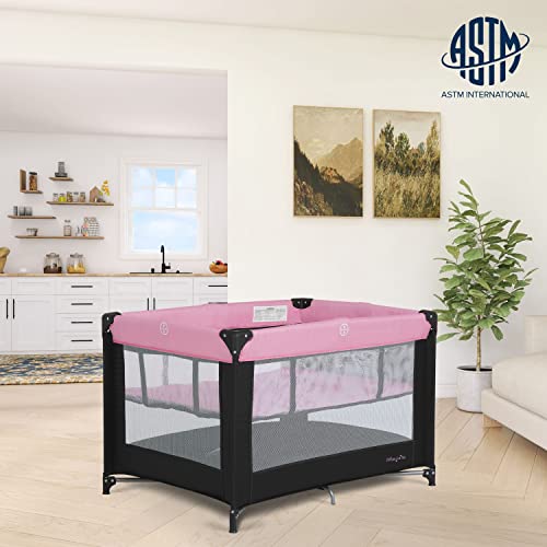 Dream On Me Zazzy Portable Playard with Bassinet in Pink, Packable and Easy Setup Baby Playard, Lightweight and Portable Playard for Baby with Mattress and Travel Bag